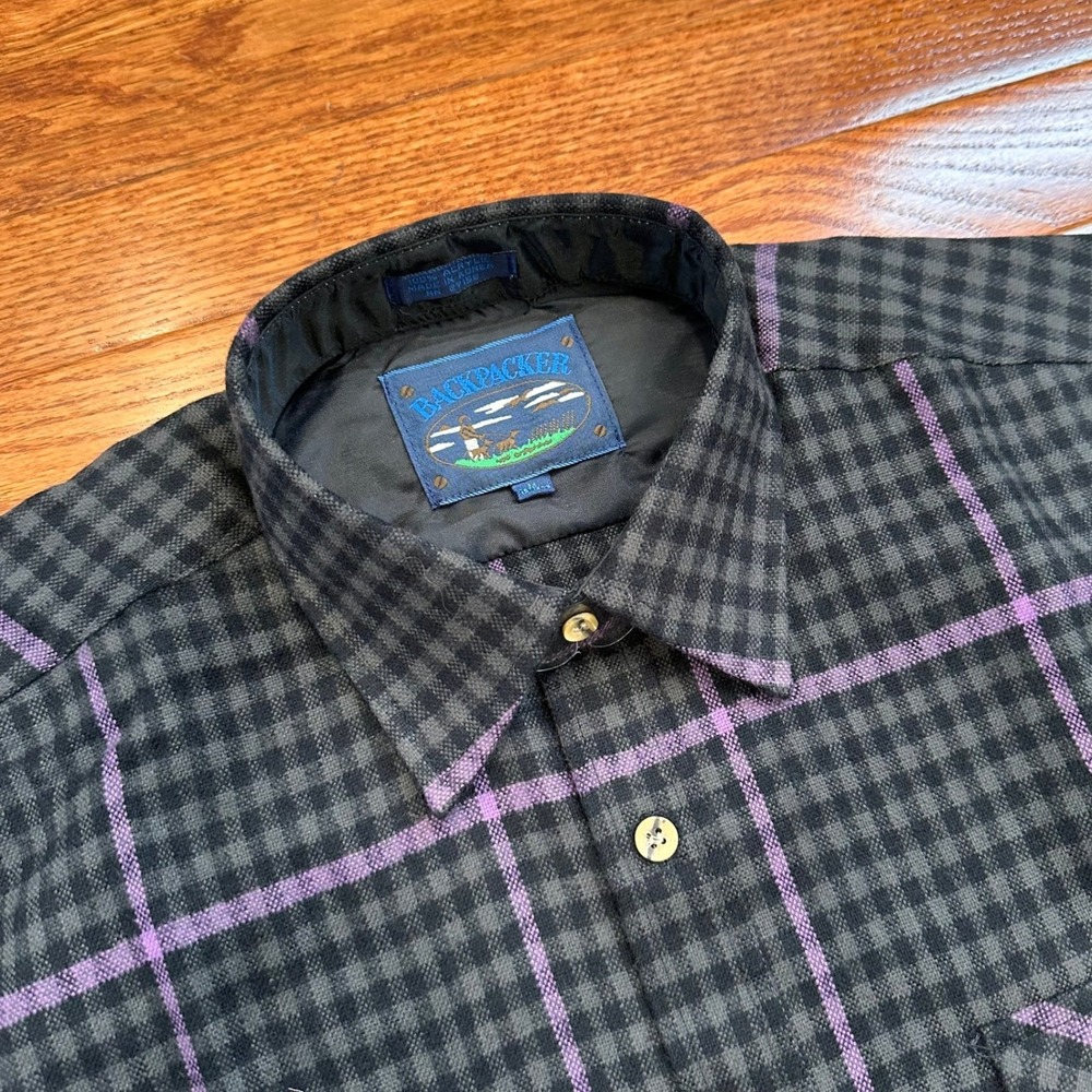New Vintage Backpacker Flannel Shirt Mens Medium Black Gray Purple Outdoor Check - Picture 4 of 12